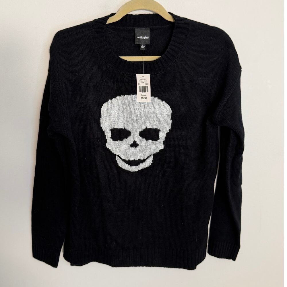 Wallpapher Halloween Black Skull Sweater NWT size large